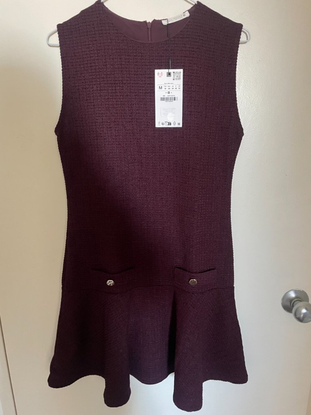 New with Tags Zara Burgundy Maroon Wine Tweed Mini Dress M